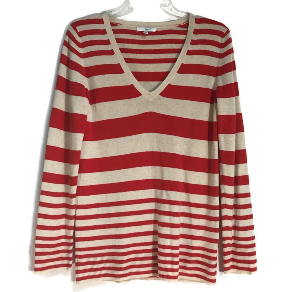 Gap Sweater Silk Blend Long sleeve V-Neck Stripped Size Womens Medium red cream